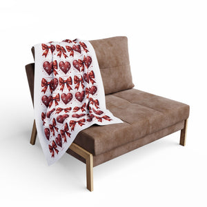 Cozy Valentine’s Day Arctic Fleece Blanket, Heart & Ribbon Design, Gift for Couples, Home Decor, Romantic Throw Blanket